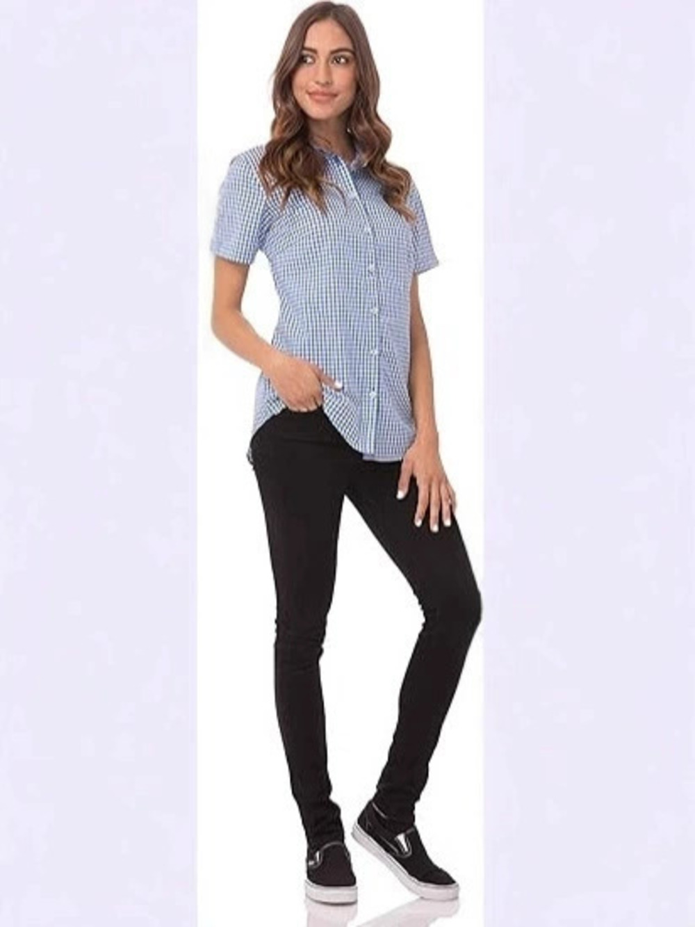 ZARA Womens Vintage Blue Plaid Short Sleeve Shirt Loose Slim Fit Fall Winter